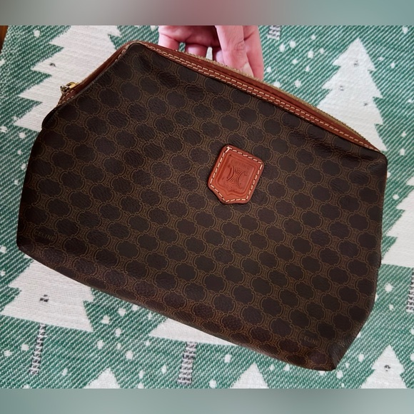 Celine AUTHENTIC Vintage Brown Coated Triomphe Logo Toiletry Makeup Bag Pouch - Picture 2 of 16